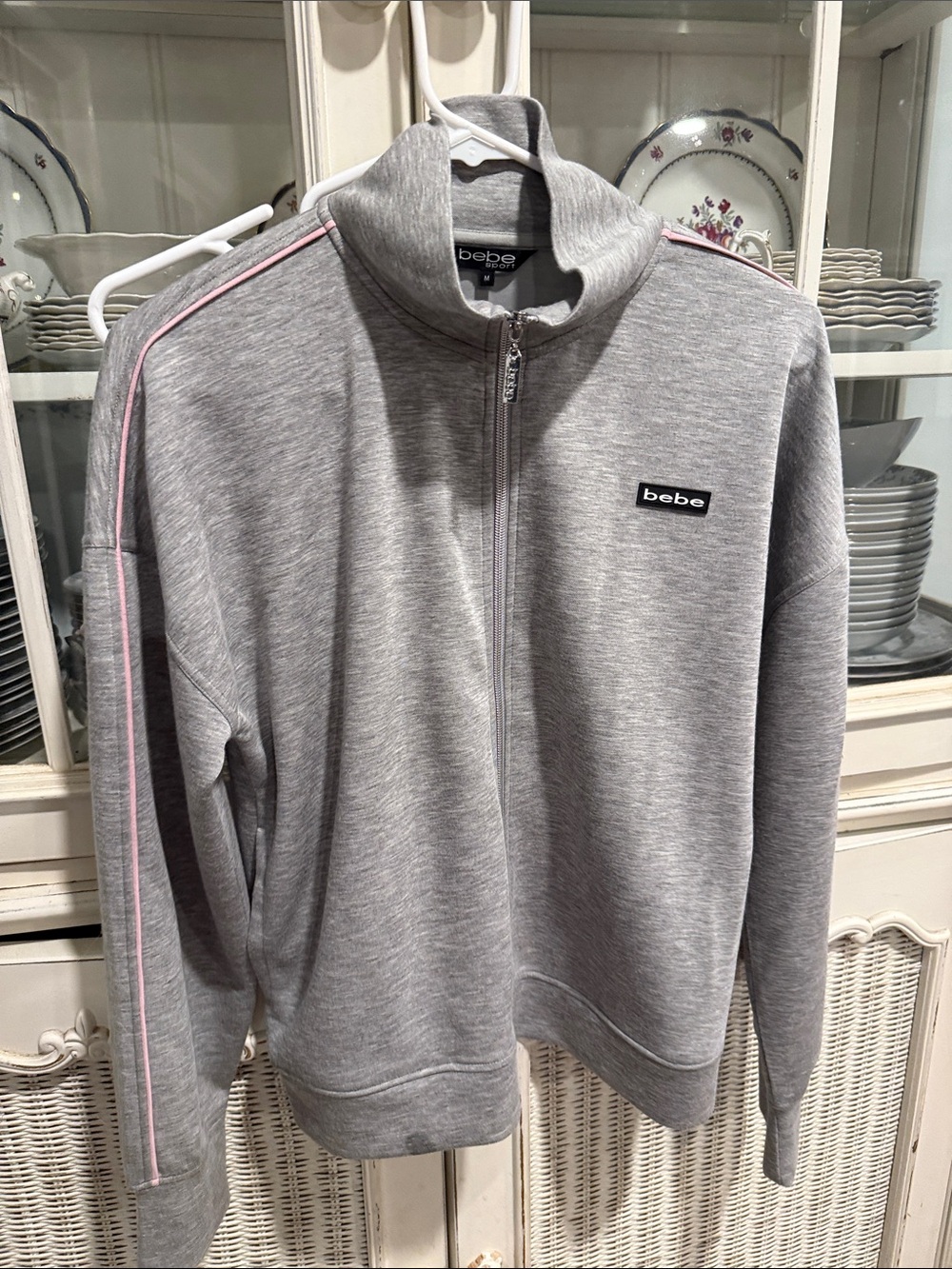 bebe Men's Light Gray Zip-Up Jacket with Pink Piping